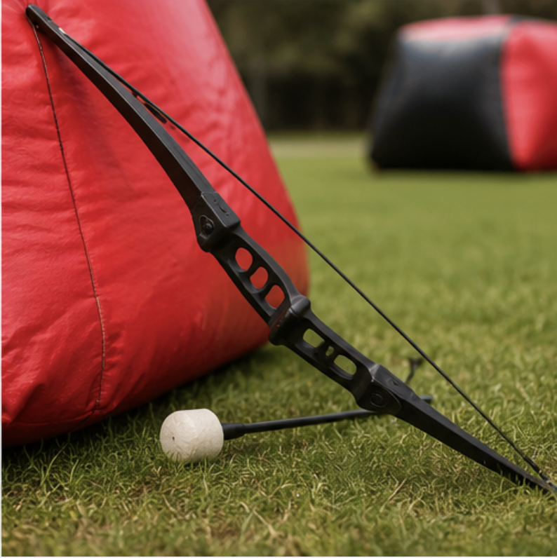 Close-up of a bow with a foam-tipped arrow resting against a red inflatable barrier