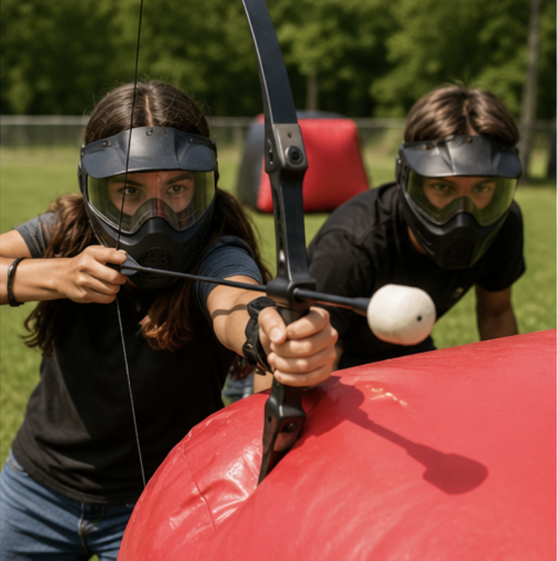 Two players wearing protective masks crouched behind an inflatable barrier aiming a bow with a foam-tipped arrow