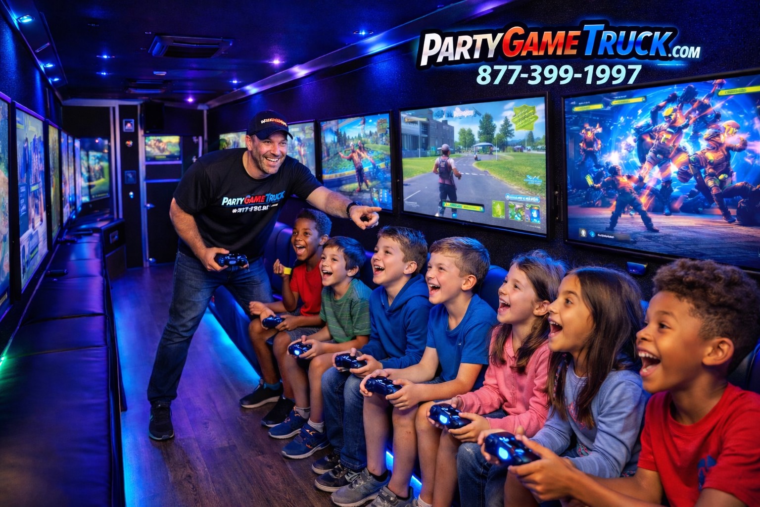 Party Game Truck Certified Game Host with kids inside the gaming truck
