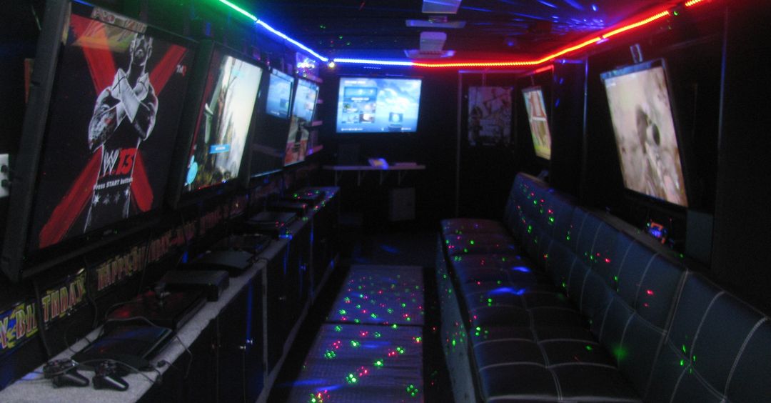 Inside Party Game Truck — screens and LED lights