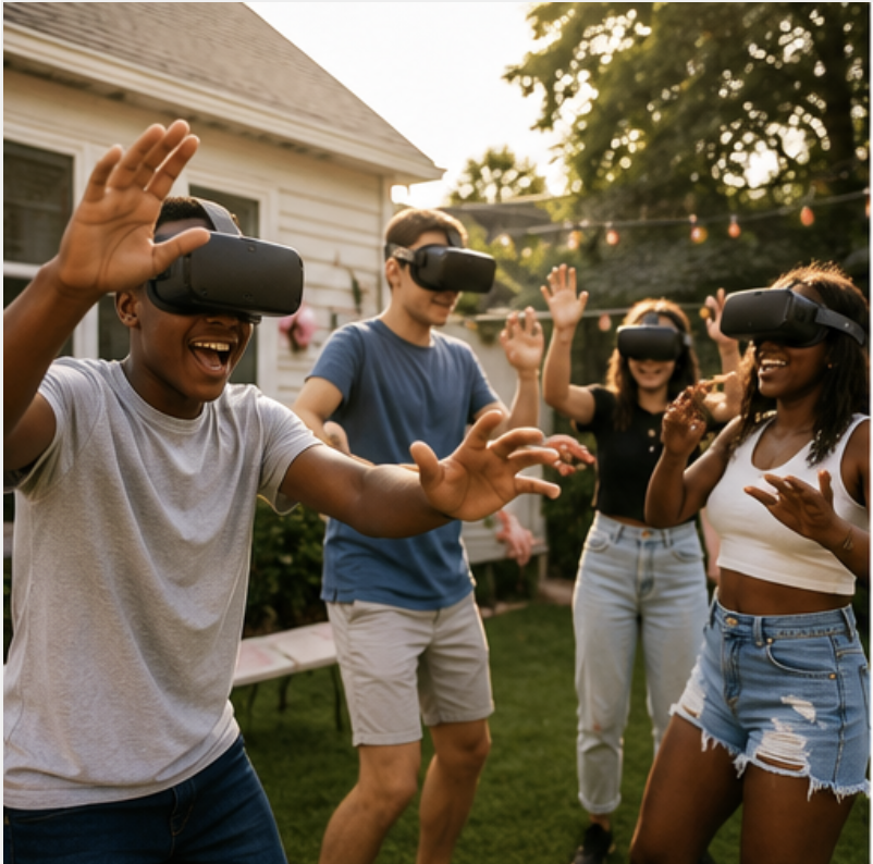 Group of teenagers and adults wearing VR headsets laughing and playing together at a backyard party